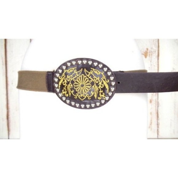 90s vintage metal studded faux leather canvas belt gold embroidered buckle main image 5